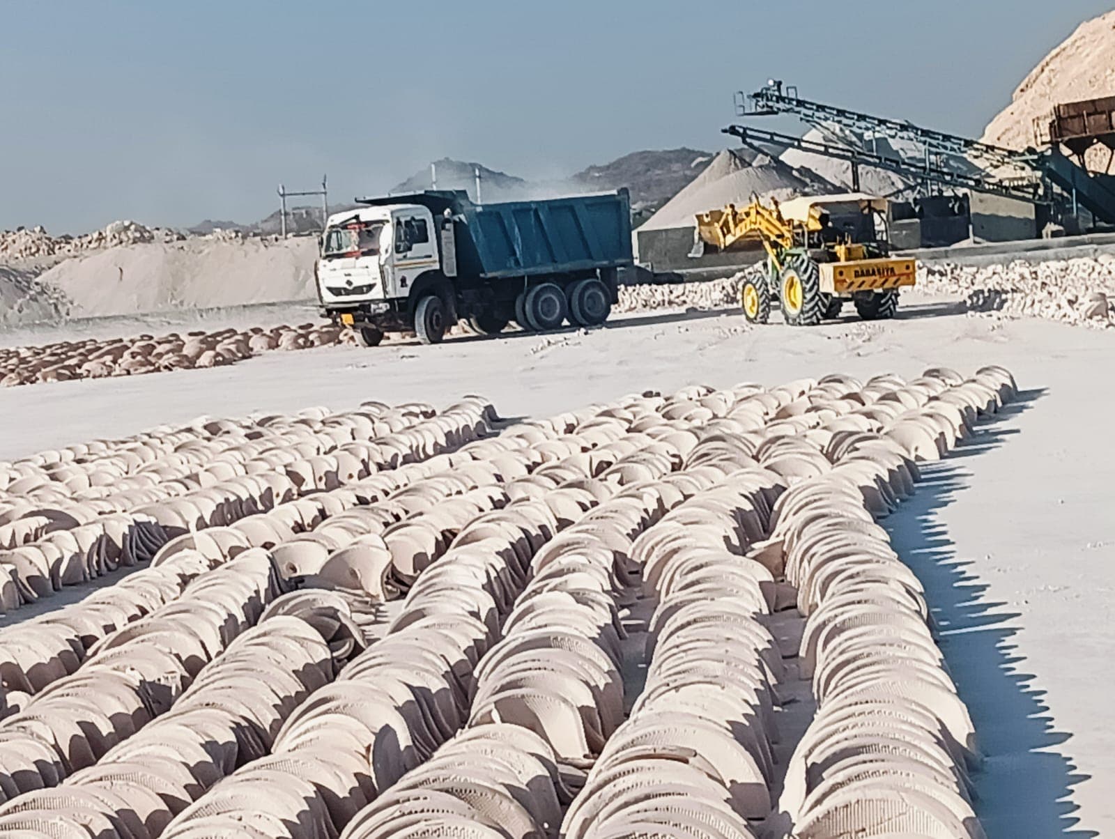 Rows of levigated china clay cakes drying in the sun